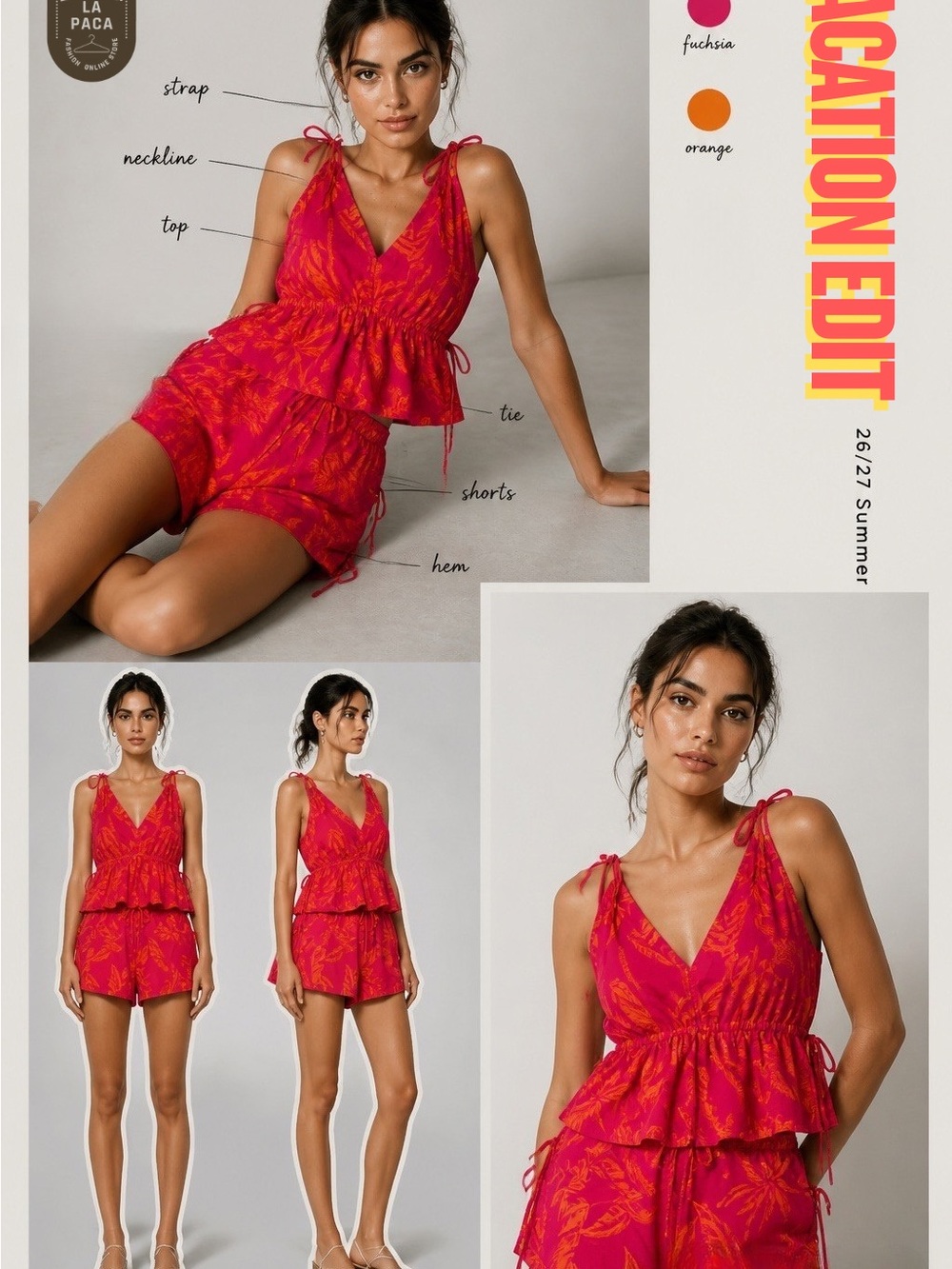 Pink & Orange Tie-Shoulder Peplum Top and Matching Shorts NWT